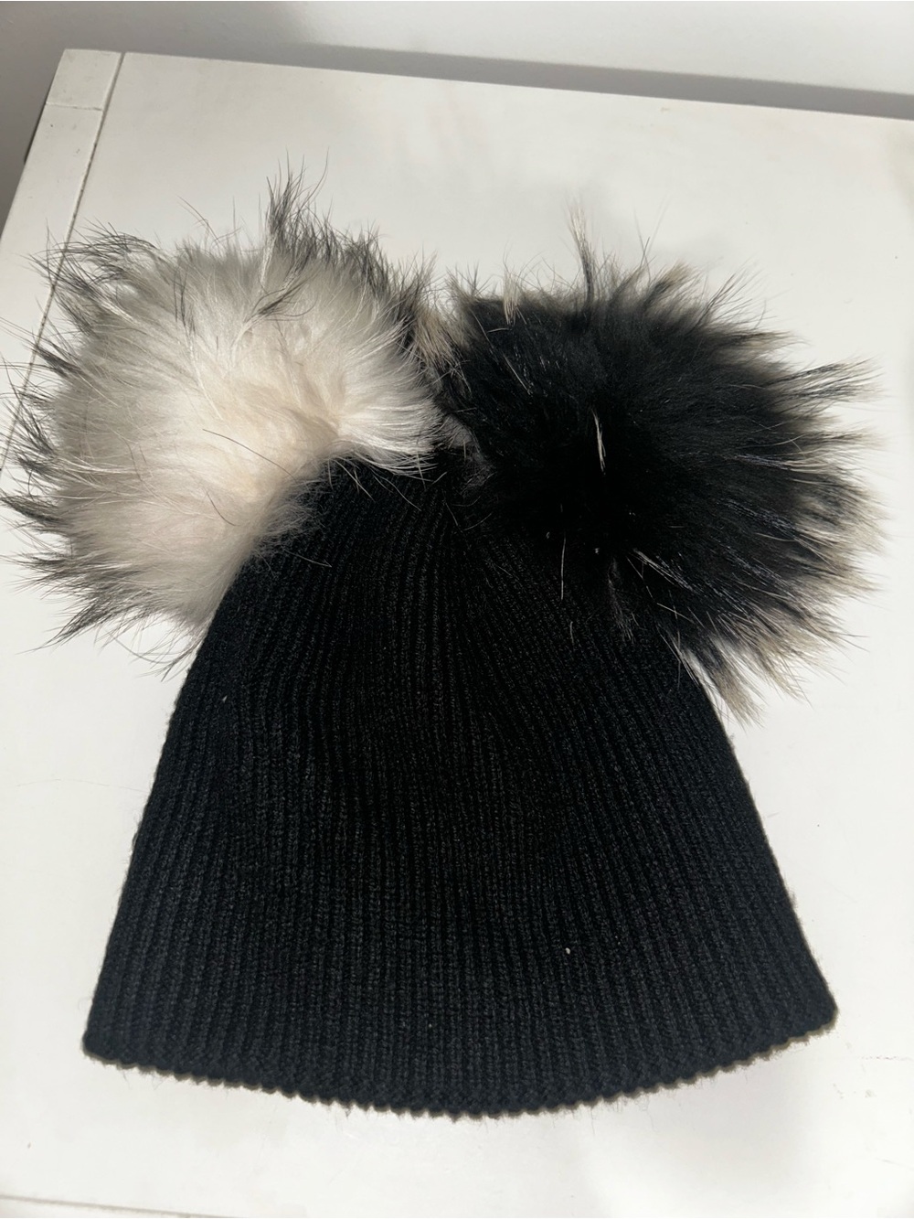 Kids Black Knit Beanie with Fur Pom Poms - Picture 2 of 3